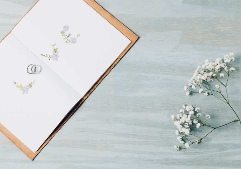love-text-made-with-wedding-rings-on-an-open-book-with-gypsophila-flower-over-wooden-backdrop